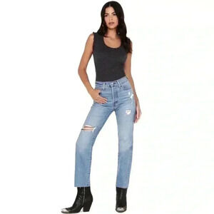 NWT Levi’s Wedgie Straight Leg Jeans High Rise Button Fly Distress Raw Hem Sz 25